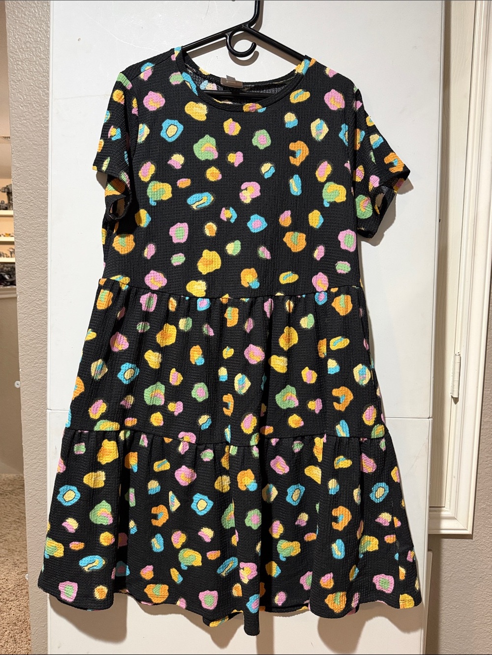 LuLaRoe Ariel Black Tiered Midi Dress with Yellow, Pink, Blue & Green Spots